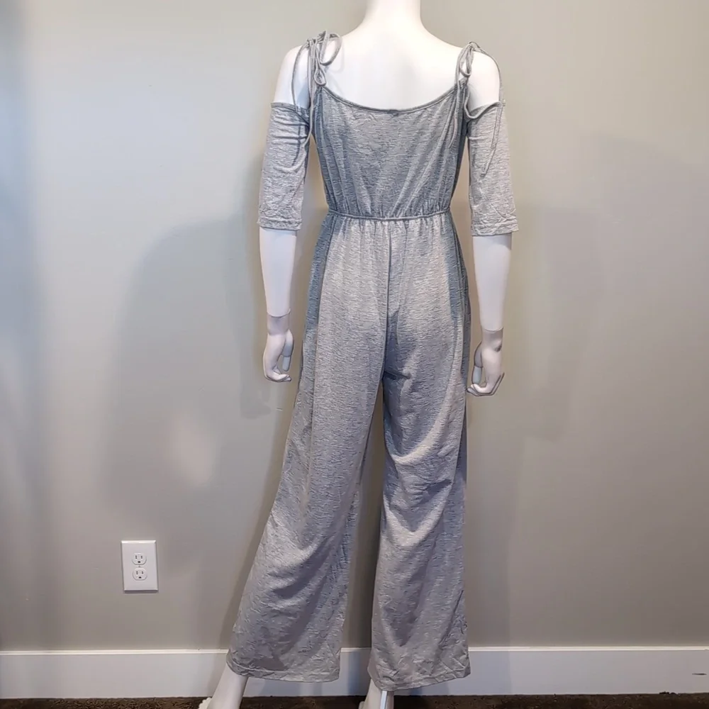 SHEIN Light Gray Tie Strap Off Shoulder Elastic Waist Relaxed Leg Jumpsuit Small